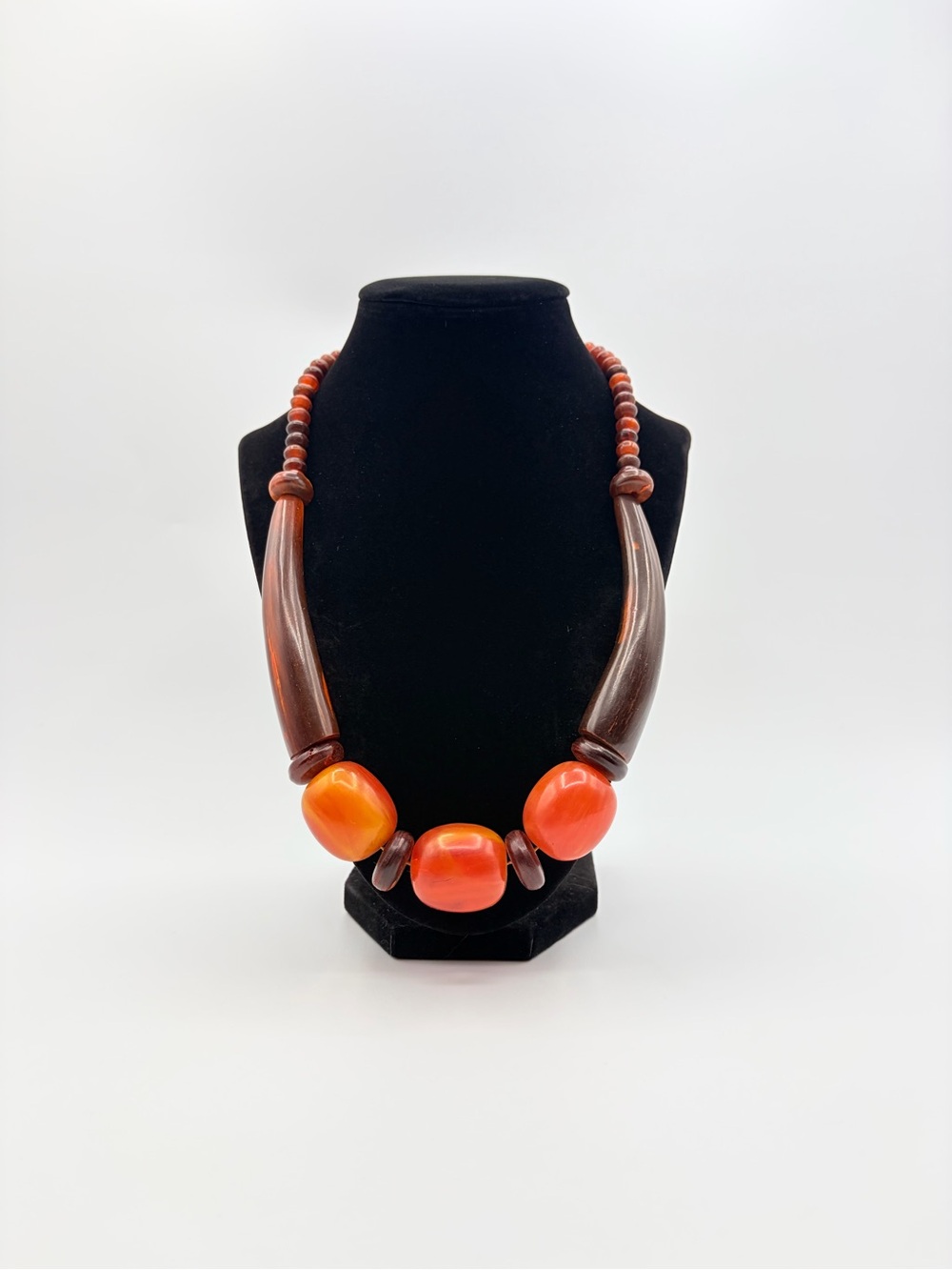Vintage Orange & Brown Sculptural Bead Statement Necklace